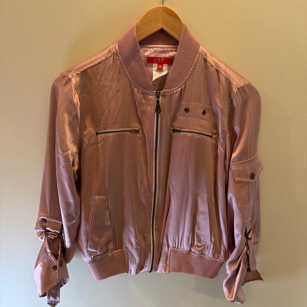 ABS Allen Schwartz Women’s Satin Bomber Jacket Pink Zip Front Cropped Size M